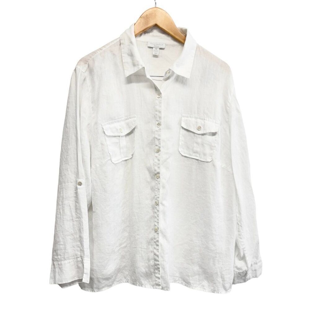 Charter Club Casual Shirt 100% Linen White Plus Size 18W Long Sleeve Buttoned‎